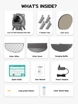 1 x power adapter
1 x user manual (English language not
1 x Cat Litter Tray Mat
4 x four support legs
2 x bin liners (total 30 pieces)
1 x user manual