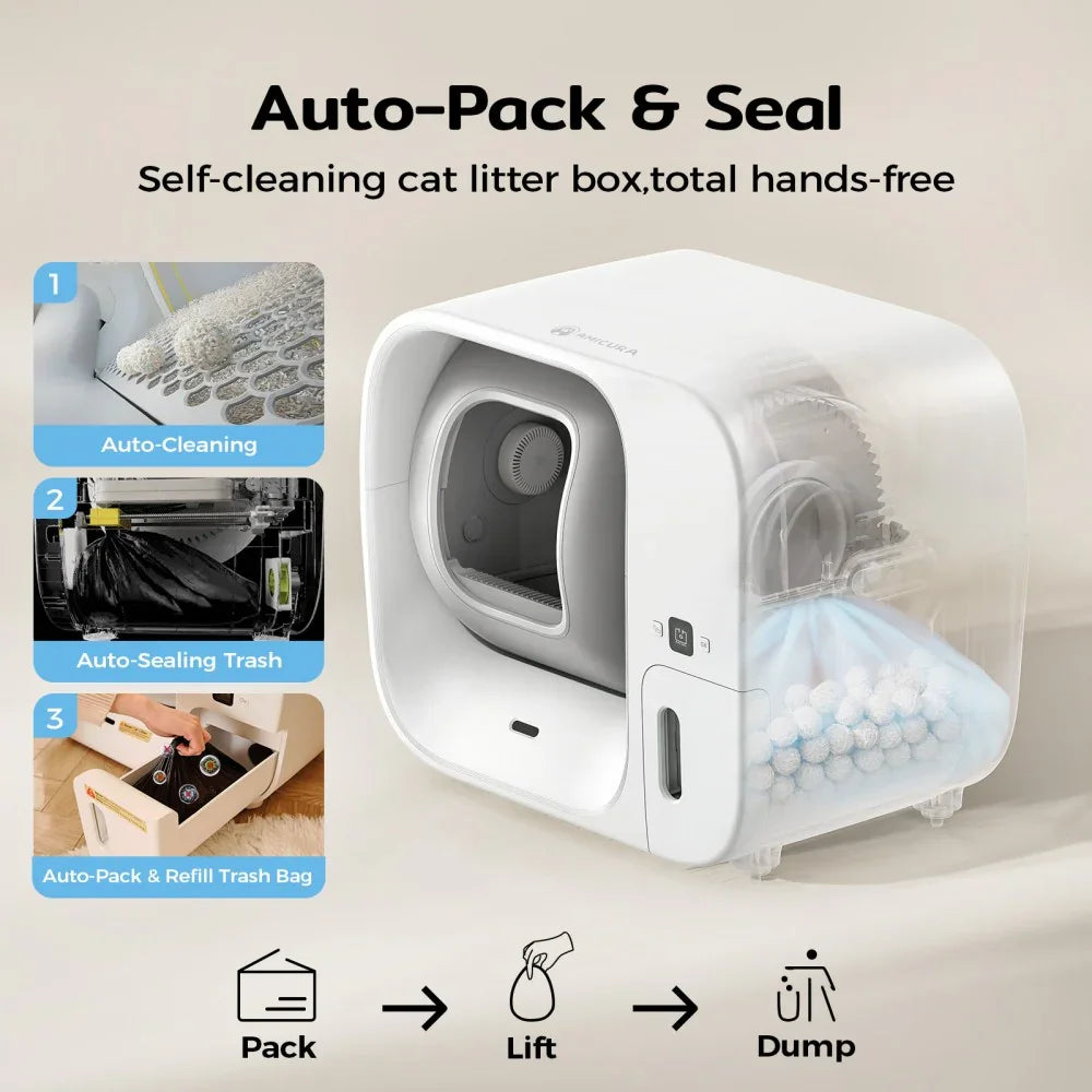 AmiCura Cura 3 Triple Odor Eliminator & Auto-Pack Self Cleaning Cat Litter Box - Amicura