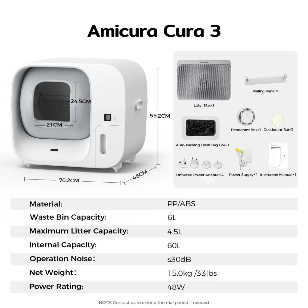 AmiCura Cura 3 Triple Odor Eliminator & Auto-Pack Self Cleaning Cat Litter Box - Amicura
